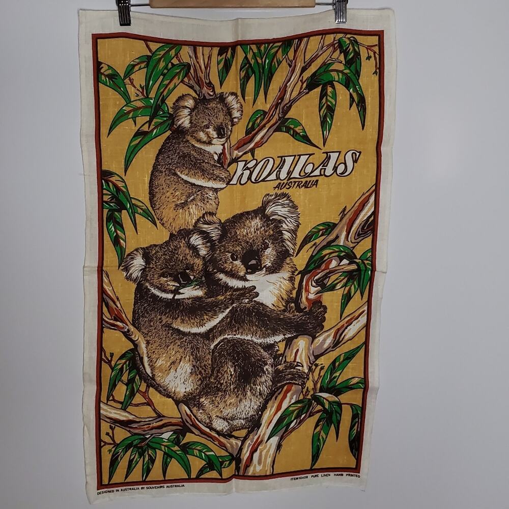 Vintage Linen Souvenir Australia Koalas Hand printed Tea Towel Excellent conditi